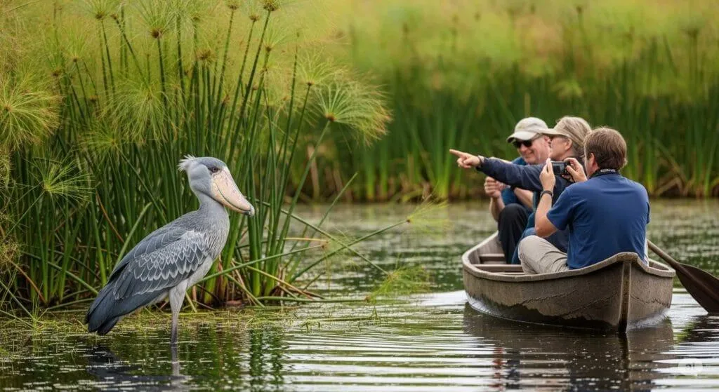 Adult shoebill standing in the vegetation of Mabamba Wetlands