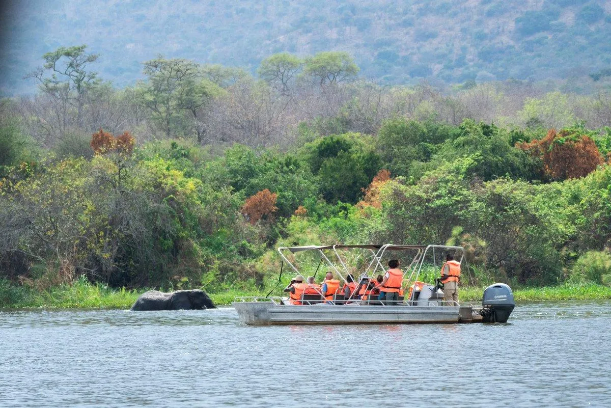 Travelers on a guided boat safari on Lake Ihema in Akagera National Park, Rwanda