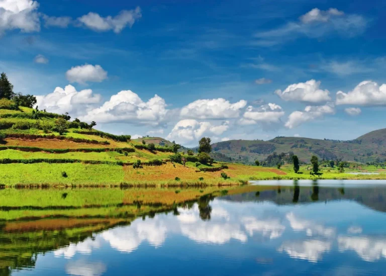 Scenic Lake Bunyonyi surrounded by green terraced hills, representing a transfer from Bwindi after gorilla trekking in southwestern Uganda