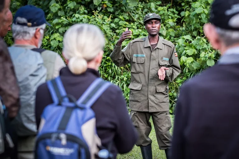 Uganda Wildlife Authority ranger briefing tourists before gorilla trekking in Uganda