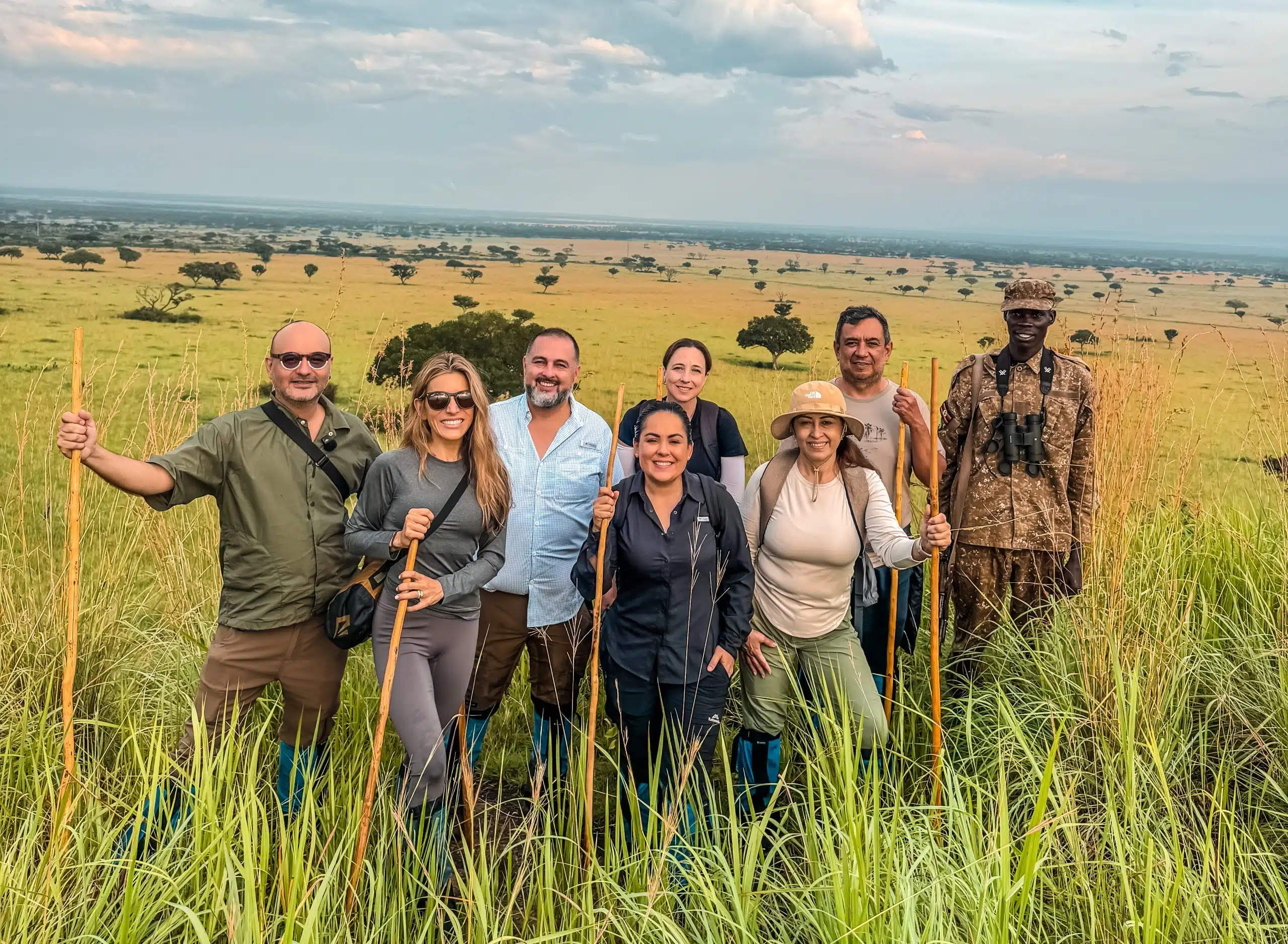 International travelers preparing for a Uganda safari